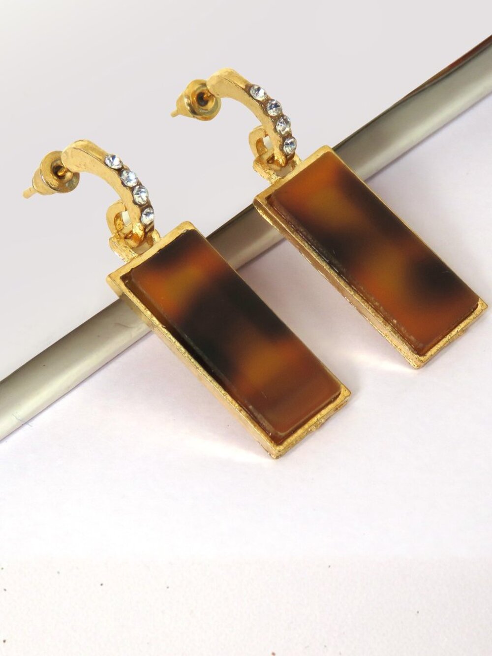 Elegant Gold-Tone Rectangular Drop Earrings with Crystal Stud & Tortoiseshell
